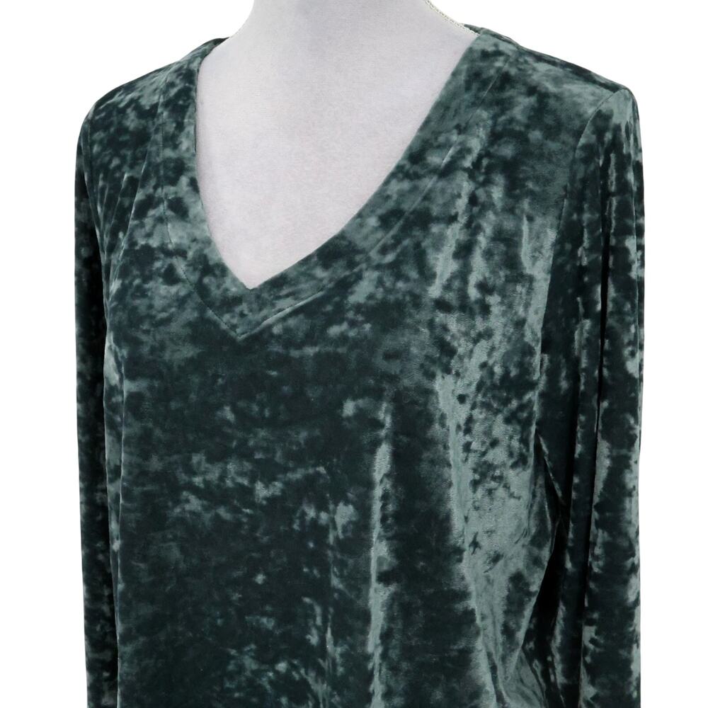J Jill Top Womens Medium Green Crushed Velvet Blouse Stretch Pullover V neck - Picture 8 of 12